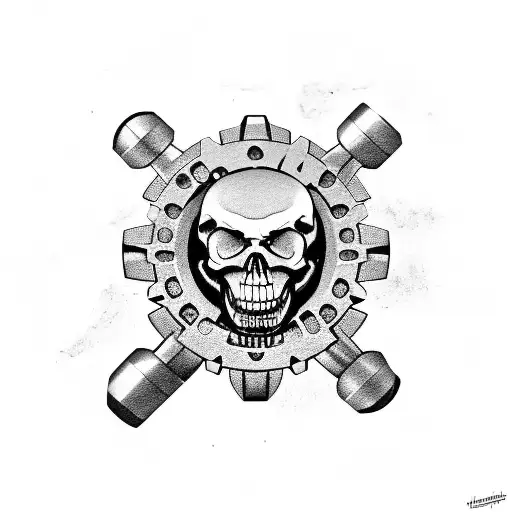 A mechanical skull with gears and cogs, holding a sword in its teeth tattoo design idea