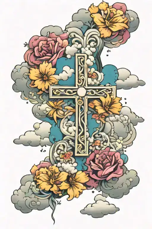 Cross Flowers Clouds forming the shape tattoo design idea