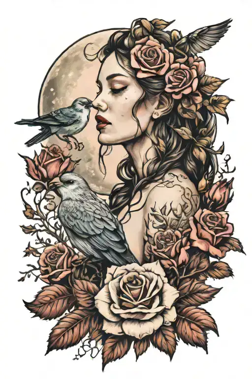 rose full moon and birds over the portrait of the red creek girl tattoo design idea
