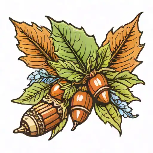 acorns and oak leaf and flower tattoo design idea