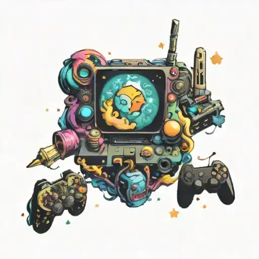 A psychedelic galaxy filled with pixelated gaming characters tattoo design idea