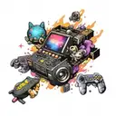 A psychedelic galaxy filled with pixelated gaming characters tattoo design idea