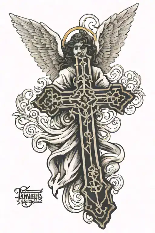 Angel holding cross saying psalms 56:11 tattoo design idea