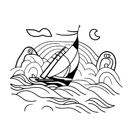runnabout style boat with a pelican driving it tattoo design idea