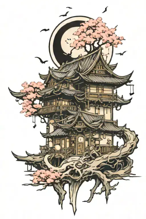 house moon road sakura swords people personifying evil tattoo design idea