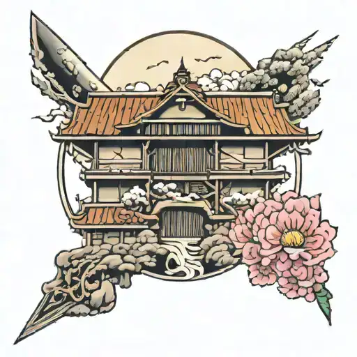 house moon road sakura swords people personifying evil tattoo design idea