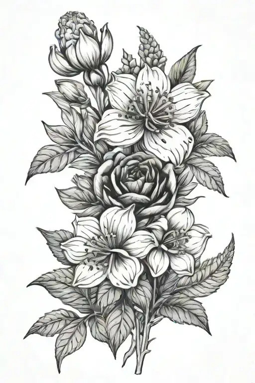 January and march birth flower bouquet tattoo design idea