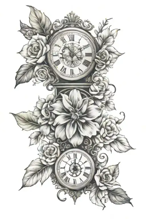 flowers, clock face tattoo design idea