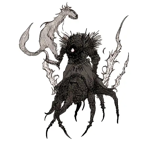 A bloodborne-inspired tattoo featuring a menacing hunter battling a terrifying Lovecraftian creature tattoo design idea