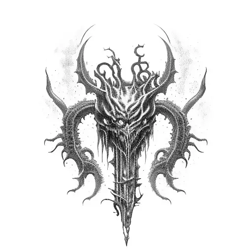 A bloodborne-inspired tattoo featuring a menacing hunter battling a terrifying Lovecraftian creature tattoo design idea