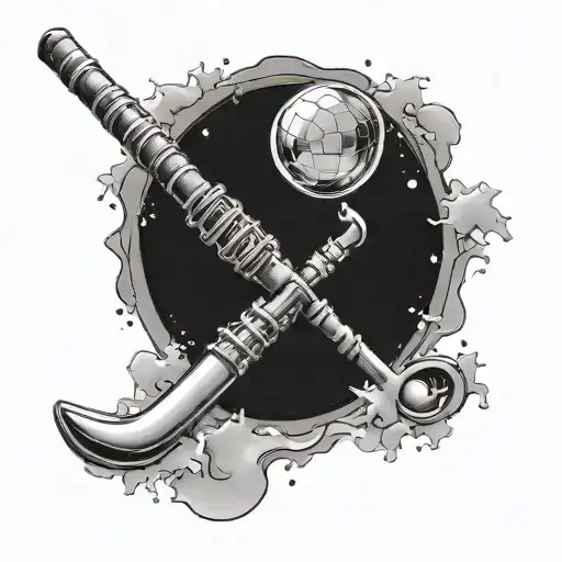 A field hockey stick transforming into a clarinet with a snow globe at the end tattoo design idea