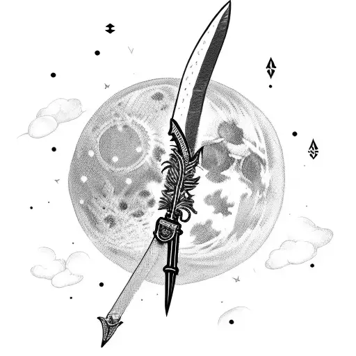 Sword and feather crossing a moon tattoo design idea