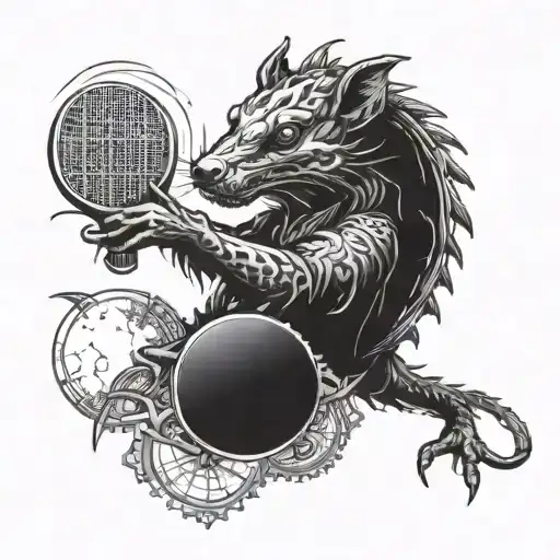 A unique blackwork tattoo of a rat dragon playing table tennis with a DIY twist, incorporating gears and tools tattoo design idea