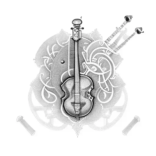 A henna-inspired black-grey tattoo featuring musical instruments in a symmetrical design tattoo design idea