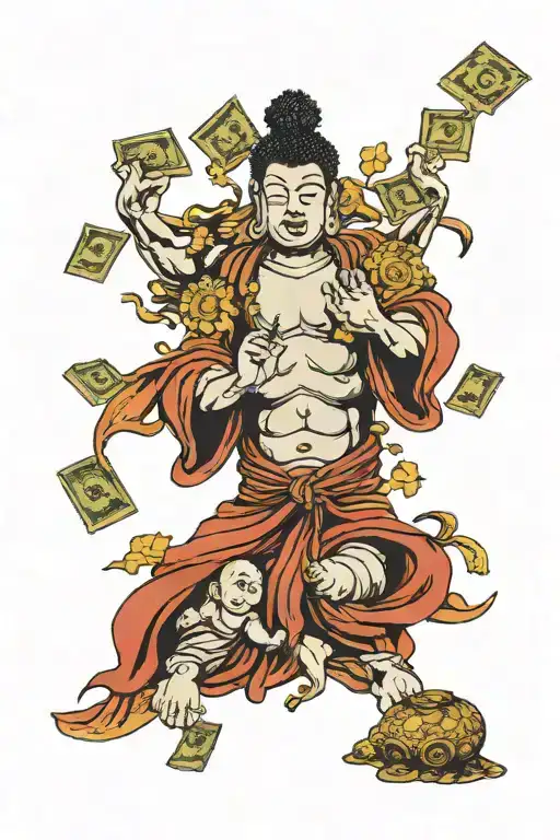 Full back piece with Buddha and handfuls of cash stepping on the heads of crying infants. tattoo design idea