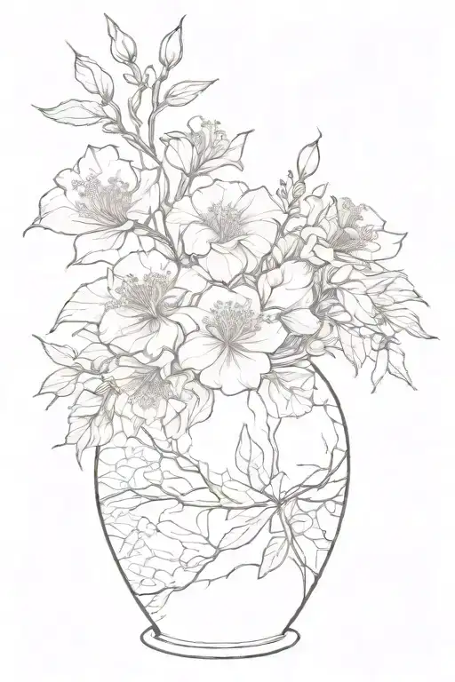 Kintsugi themed tattoo. broken vase repaired with gold filled with a flowers  tattoo design idea