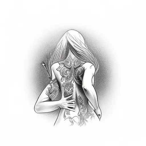 Woman hugging arb stabbing back tattoo design idea