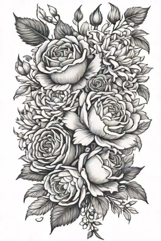 rose, chrysanthemum, larkspur, honeysuckle flowers in a bouquet tattoo design idea