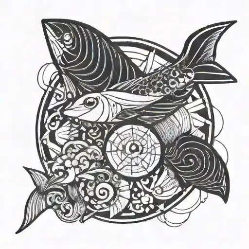 one line tattoo with plane and fish yin yang tattoo design idea