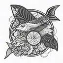 one line tattoo with plane and fish yin yang tattoo design idea