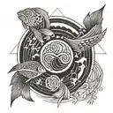 one line tattoo with plane and fish yin yang tattoo design idea