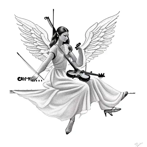 A silhouette of an angel playing a violin tattoo design idea