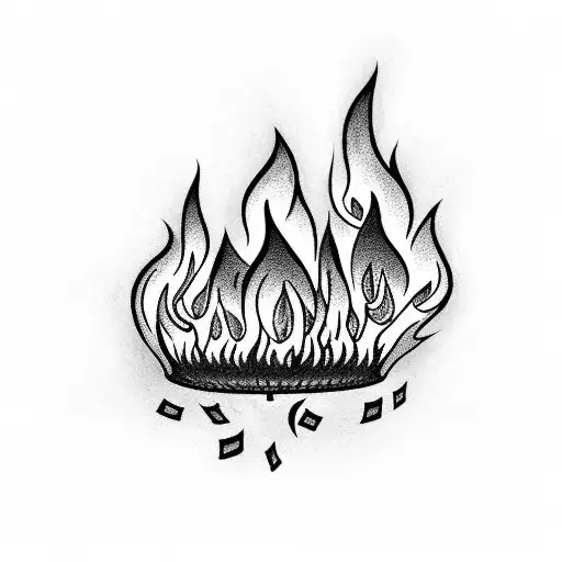 A bonfire with musical instruments and sheet music floating in the flames tattoo design idea