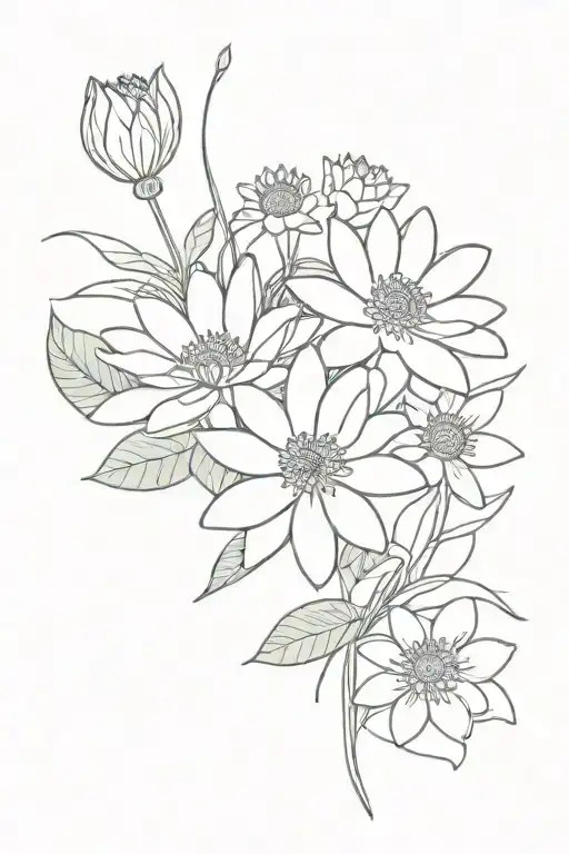 violet, daisy, and water lily bouquet fine line tattoo design idea