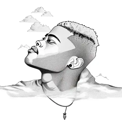 Illustrate a surreal scene of xxxtentacion floating among clouds, with lyrics from his songs incorporated into the design tattoo design idea