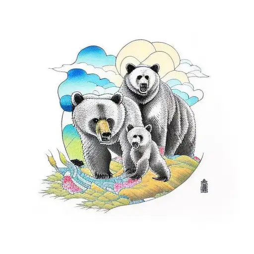 bear spirit overlooking momma bear with three cubs  tattoo design idea