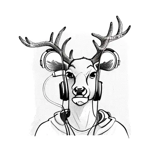 A deer with headphones on, listening to music while sitting on a suitcase tattoo design idea