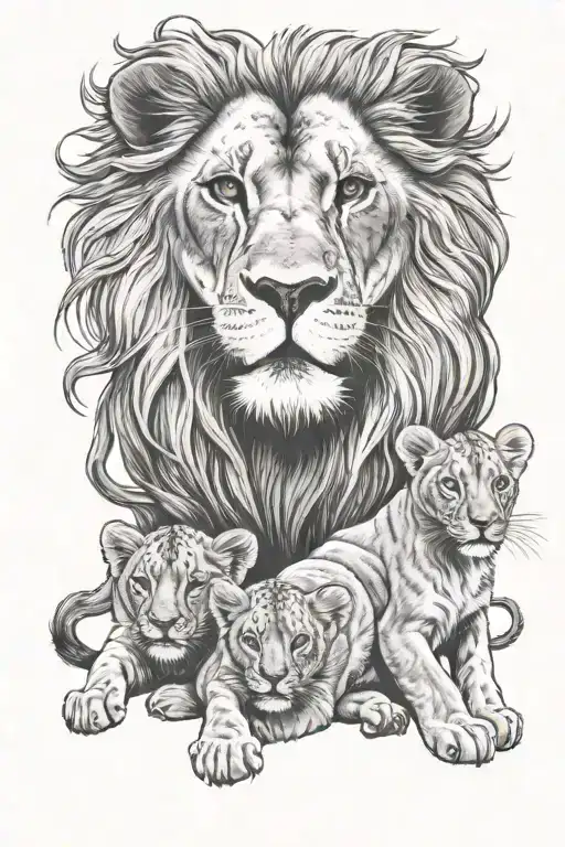 a male lion with 2 cubs playing tattoo design idea