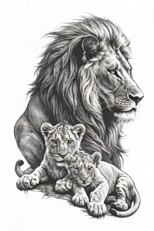 a male lion with 2 cubs playing tattoo design idea