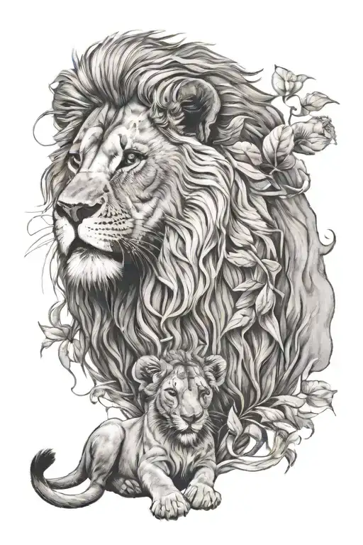 a male lion with 2 cubs playing tattoo design idea