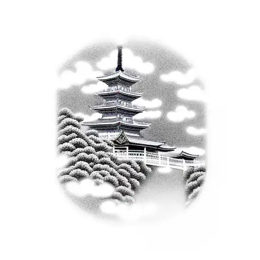 Japanese temple in the clouds with pathway coming downwards to a Japanese gateway tattoo design idea