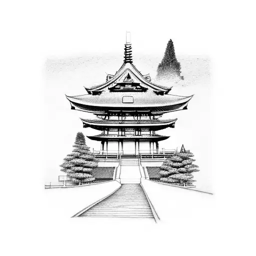 Japanese temple with pathway tattoo design idea