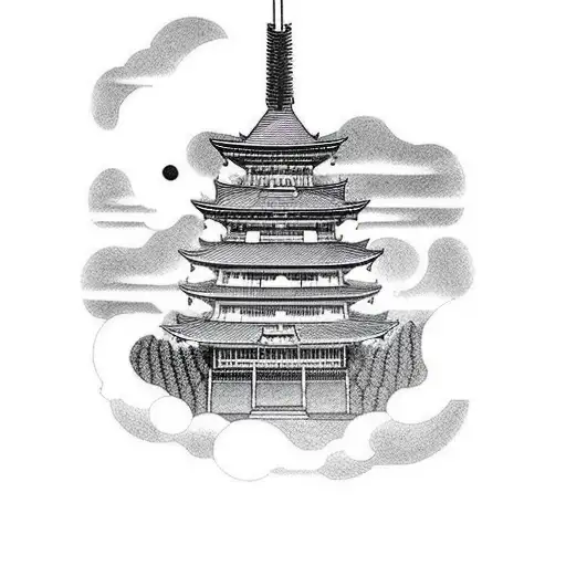 Japanese temple in the clouds with pathway coming downwards to a Japanese gateway tattoo design idea