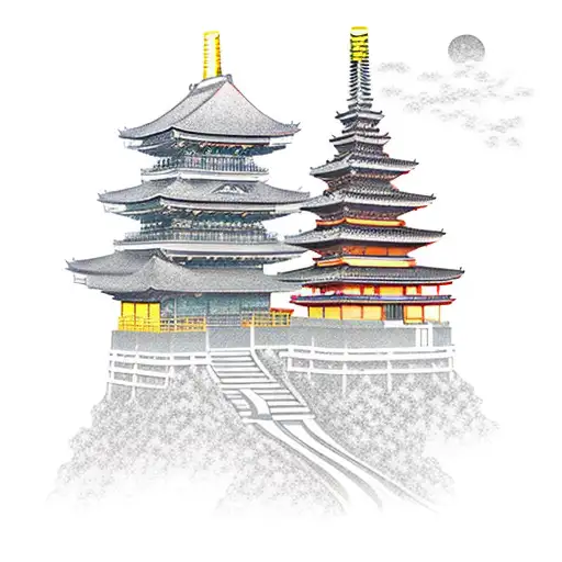 Japanese temple high up with pathway coming downwards to a Japanese gateway and a blood red sunset behind the temple tattoo design idea