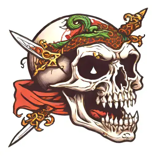 eyeball in skull mouth, candle, snake, sword tattoo design idea