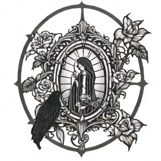 tattoo design in traditional black work style of a semi-gothic window with the silhouette of a mother in backlight tattoo design idea