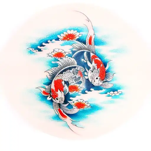 Irezumi tattoo, masterpiece, back, sunset, koi carp, waves, cherry blossom tattoo design idea