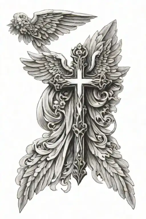 christian cross with angel wings tattoo design idea