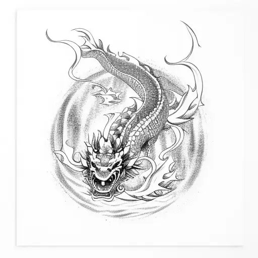 Japanese dragon, koi fish, daruma tattoo design idea