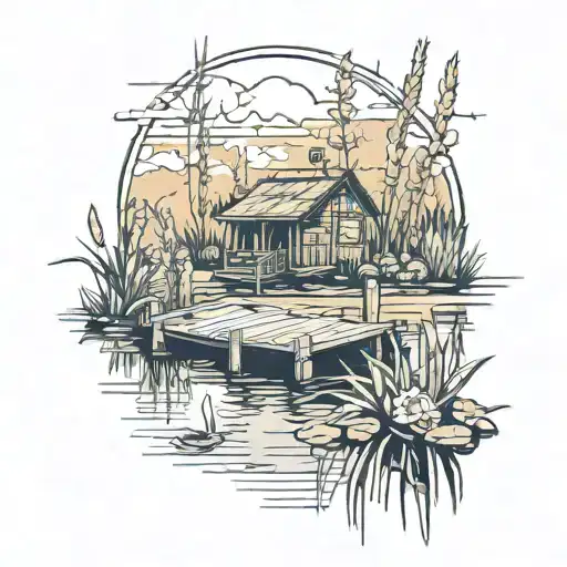 old dock a lake with cattails and lilly pads  tattoo design idea