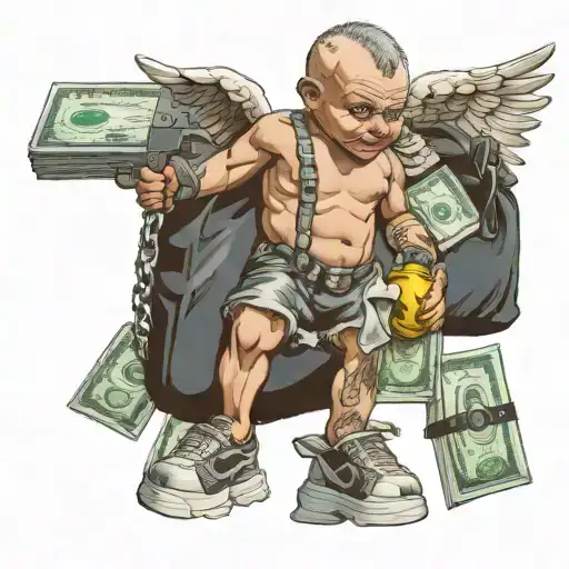 evil muscular cherub with tattoo's all over its body holding a 45 ca pistol wearing nike sneakers with bags of money all tattoo design idea
