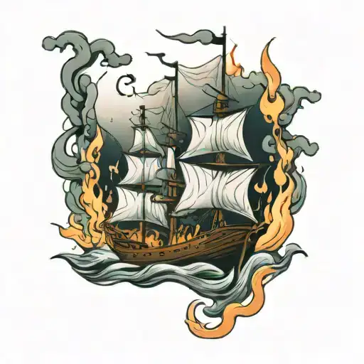 burning ship sailing tattoo design idea