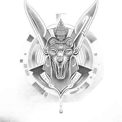 anubis with weapons and hieroglyphics in the back tattoo design idea