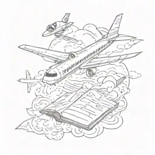 Airplane and plane ticket and fire tattoo design idea