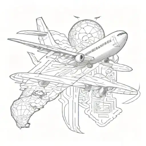Airplane and plane ticket and fire tattoo design idea