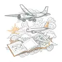 Airplane and plane ticket and fire tattoo design idea